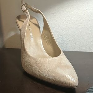 Sophisticated, soft gold sling back.  New.